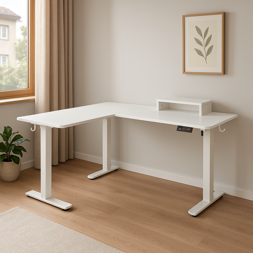 Bureau d’angle électrique blanc – Grand espace de travail modulable avec support surélevé