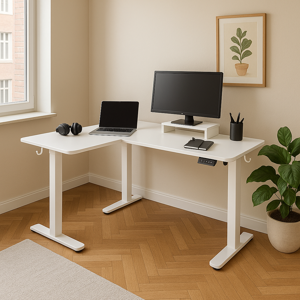 Bureau d’angle électrique blanc – Grand espace de travail modulable avec support surélevé