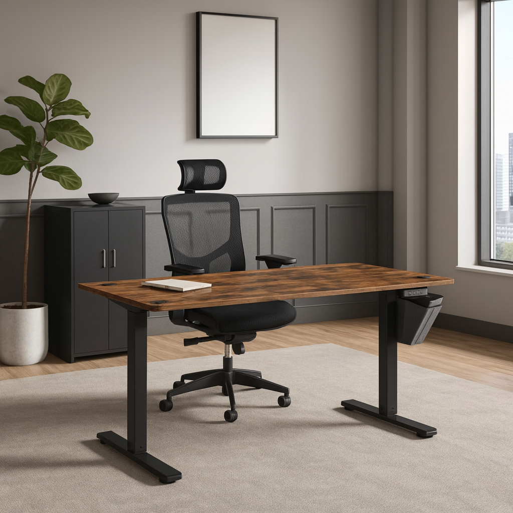 Bureau électrique réglable en hauteur au design moderne – Plateau en bois et pieds noirs