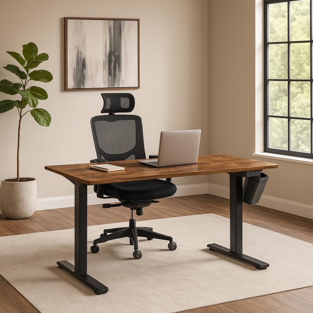 Bureau électrique réglable en hauteur au design moderne – Plateau en bois et pieds noirs
