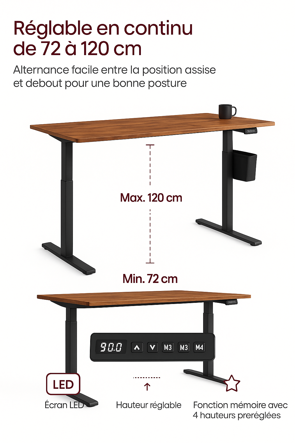 Bureau électrique réglable en hauteur au design moderne – Plateau en bois et pieds noirs