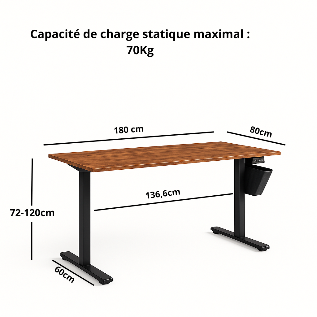 Bureau électrique réglable en hauteur au design moderne – Plateau en bois et pieds noirs