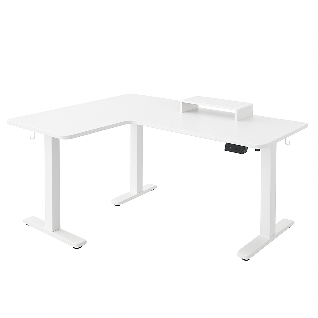 Bureau d’angle électrique blanc – Grand espace de travail modulable avec support surélevé
