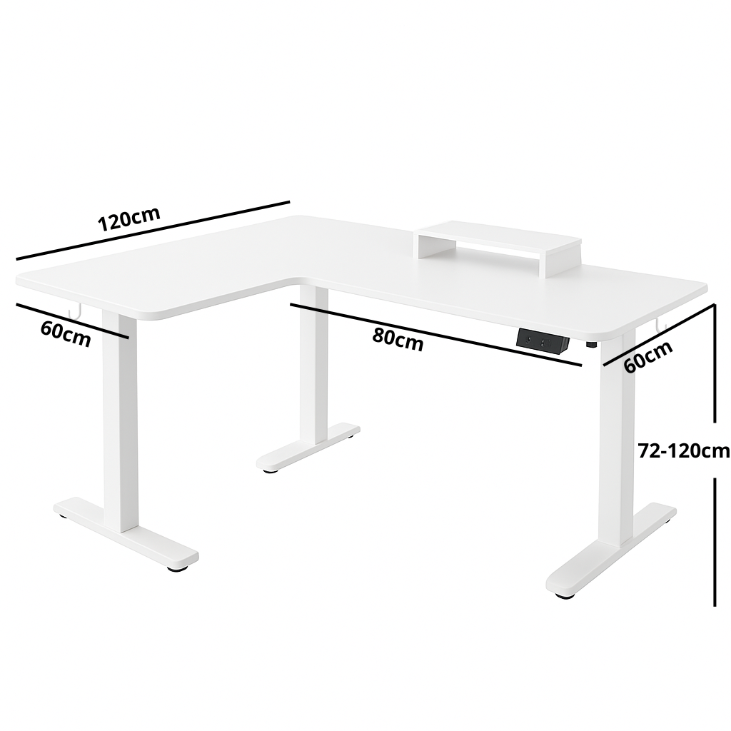 Bureau d’angle électrique blanc – Grand espace de travail modulable avec support surélevé