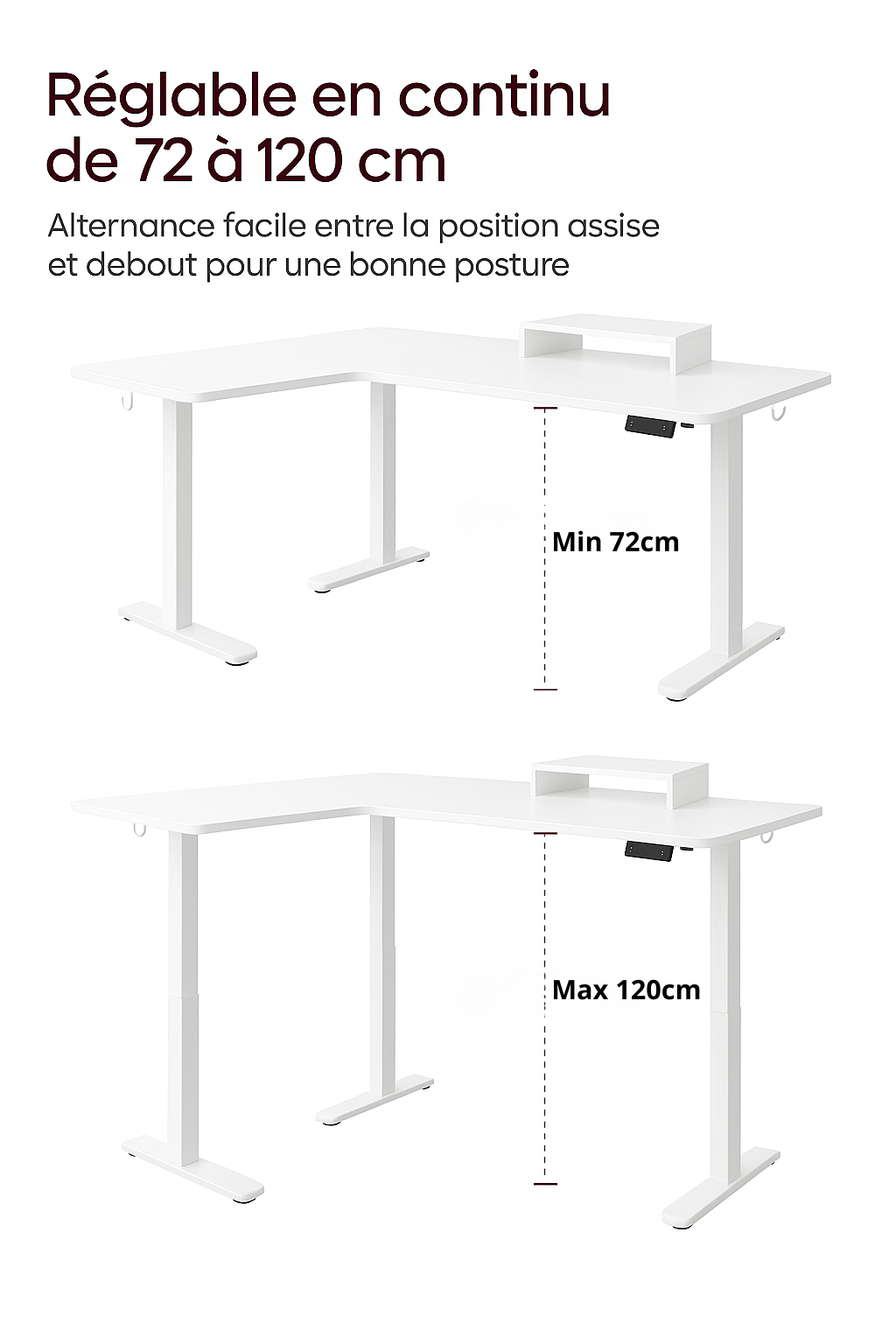 Bureau d’angle électrique blanc – Grand espace de travail modulable avec support surélevé