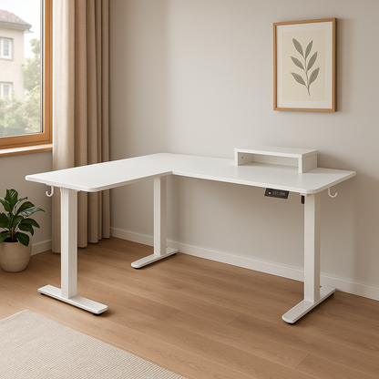 Bureau d’angle électrique blanc – Grand espace de travail modulable avec support surélevé