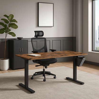 Bureau électrique réglable en hauteur au design moderne – Plateau en bois et pieds noirs