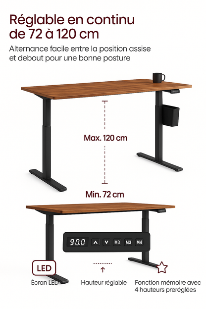 Bureau électrique réglable en hauteur au design moderne – Plateau en bois et pieds noirs