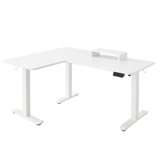 Bureau d’angle électrique blanc – Grand espace de travail modulable avec support surélevé