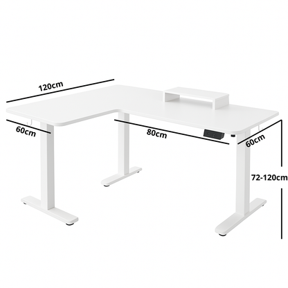 Bureau d’angle électrique blanc – Grand espace de travail modulable avec support surélevé