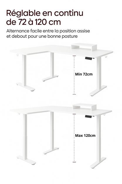 Bureau d’angle électrique blanc – Grand espace de travail modulable avec support surélevé